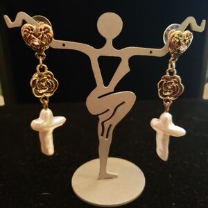 Gold and White Heart Rose Dangle Earrings